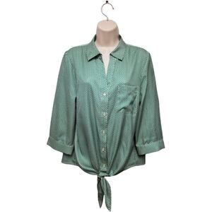 THE LIMITED With Tie Waist Abstract Green Size Large 3/4 Sleeve Casual Shirt